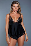 2 Pc Satin Cami Set With Plunging Neckline Top And Elasticated Mini Shorts