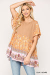 Dot And Floral Print Mixed Ruffle Top With Back Keyhole